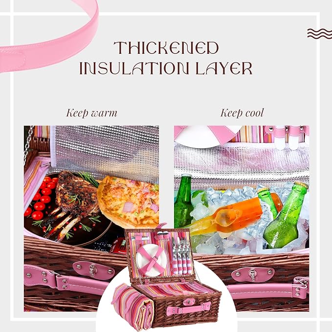 Wicker Picnic Basket Set for 4, Blanket, Cooler Bag, Pink Stripes | Four-Person Wicker Set Includes Tableware, Insulated Food Storage and Waterproof Blanket for Parks, Camping, Dates and Gifts
