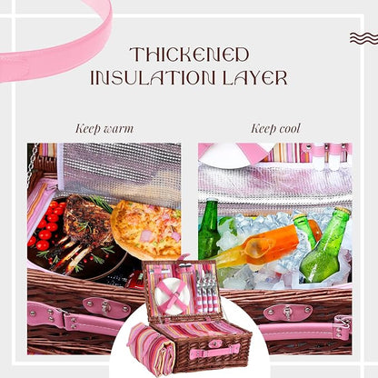 Wicker Picnic Basket Set for 4, Blanket, Cooler Bag, Pink Stripes | Four-Person Wicker Set Includes Tableware, Insulated Food Storage and Waterproof Blanket for Parks, Camping, Dates and Gifts