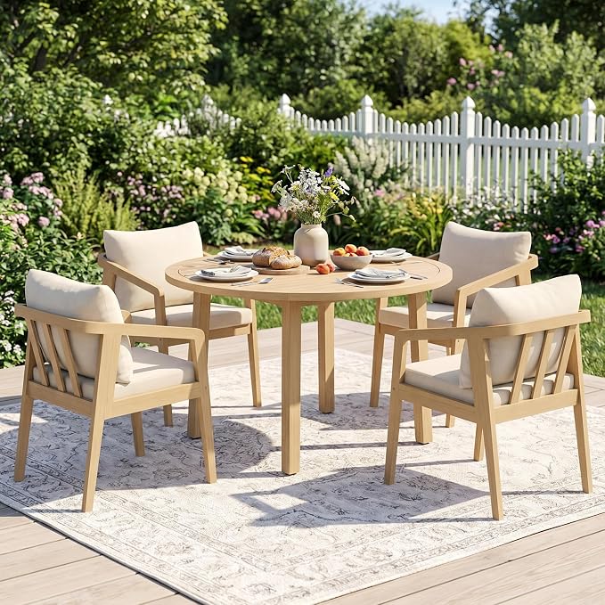 Wisteria Lane 5-Pieces Acacia Patio Table and Chairs Set for 4, Outdoor Dining Set with Round Table, Modern Patio Table Set with Cushion, Patio Furniture Set for Backyard Deck Garden Porch