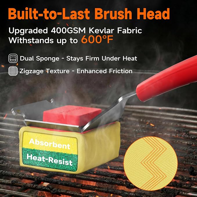 Bristle-Free Grill Brush with Heat-Resistant Kevlar Fiber Head, Red | Steam Cleaning, Replaceable No-Wire Head, 17" Handle, 4-in-1 Scraper, for Porcelain/Ceramic/Stainless Steel/Cast Iron Grate