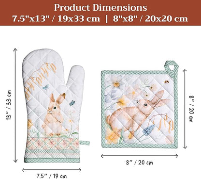 Maison d' Hermine 100% Cotton Oven Mitt & Pot Holder Set (7.5"x13" & 8"x8") Heat Resistant BBQ Cooking Gloves with Loop Baking Grilling Kitchen Hotel Home Farmhouse Spring Summer (Easter Dew)