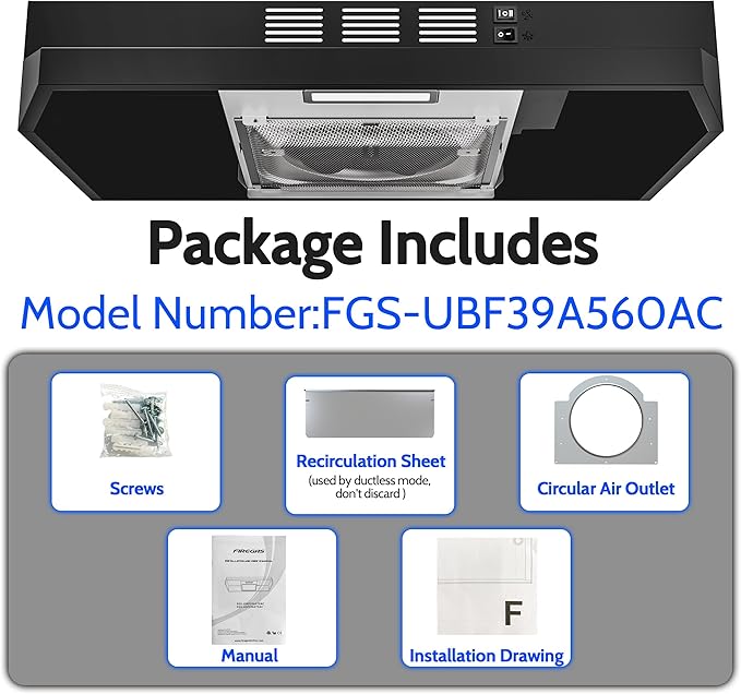 FIREGAS Black Range Hood 24 inch, 300CFM Ducted/Ductless Convertible Under Cabinet Kitchen Hood in Black Painted Stainless Steel with 2 watt LED Light and Filter, 2 fan speeds