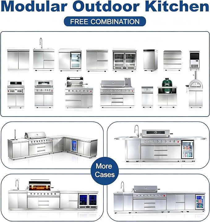 Luxury Modular Outdoor Kitchen Island, Stainless Steel Outdoor BBQ Grill Station with Sink, Storage, Countertop, Refrigerator, Pizza Oven, Backyard Patio Cooking for Family Gathering Entertaining