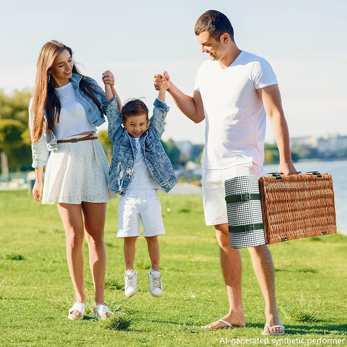 Wicker Picnic Basket Set for 4, Blanket, Cooler Bag, Cottage Plaid | Four-Person Wicker Set Includes Tableware, Insulated Food Storage and Waterproof Blanket for Parks, Camping, Dates and Gifts