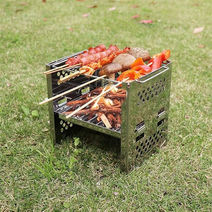 Charcoal Grill Portable Folding Outdoor Wood Burning Stainless Steel Stove Picnic BBQ Grill Kebab Barbeque Cover Accessories Charcoal Grill BBQ Grill