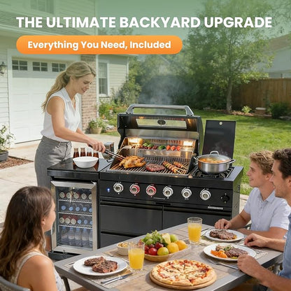 Outdoor Gas Grill Island with Side Burner,Refrigerator,4-Burner 72,000 BTU BBQ Grill, Infrared Rotisserie, Granite Countertop, Stainless Steel Outdoor Kitchen.(Black+65in)