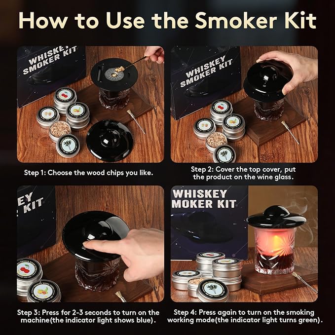 Electric Whiskey Smoker Kit, Cocktail Smoker Kit Built-in Lighter with 6 Wood Chips, No Butane Needed Whisky Smoker Kit, Rechargeable Drink Smoker kit, Birthday Gift for Men, Dad, Husband, Boyfriend