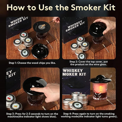 Electric Whiskey Smoker Kit, Cocktail Smoker Kit Built-in Lighter with 6 Wood Chips, No Butane Needed Whisky Smoker Kit, Rechargeable Drink Smoker kit, Birthday Gift for Men, Dad, Husband, Boyfriend