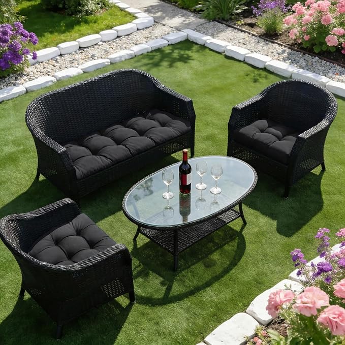 Wicker Chair Cushions of 3 Pieces, Waterproof Cushions for Patio Furniture, Tufted Wicker Outdoor Furniture Cushions, 1 Patio Loveseat Cushion and 2 U-Shaped Cushions, 44"x19"x5", Black