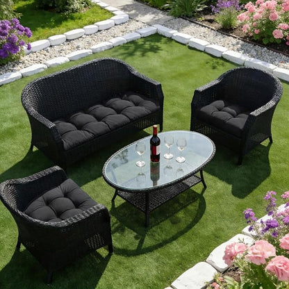 Wicker Chair Cushions of 3 Pieces, Waterproof Cushions for Patio Furniture, Tufted Wicker Outdoor Furniture Cushions, 1 Patio Loveseat Cushion and 2 U-Shaped Cushions, 44"x19"x5", Black