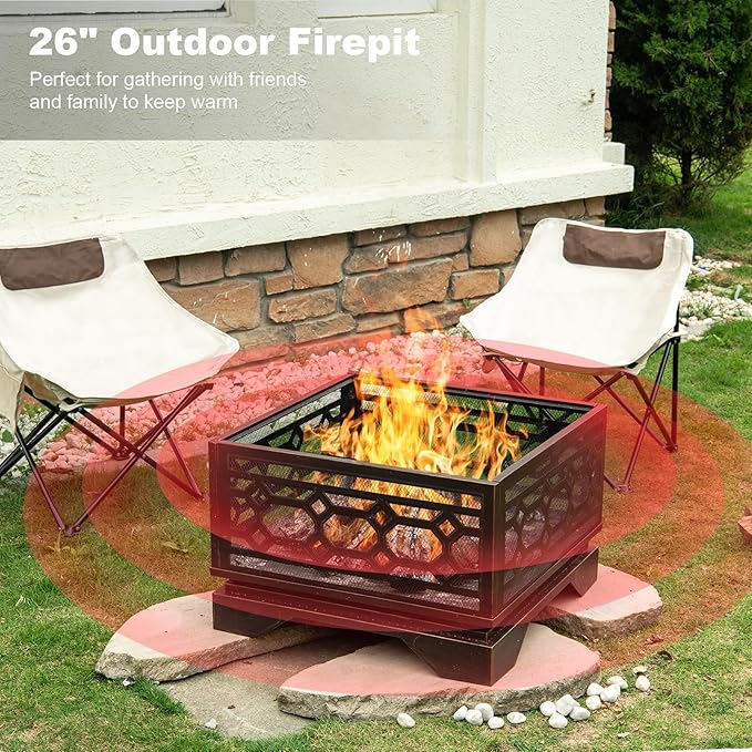 Florise Outdoor Fire Pit, 26 Inch Wood Burning Firepit for Outside with Mesh Cover & Fire Poker, Large Square Metal Fireplace for Patio, Backyard, Garden, Bonfire Party