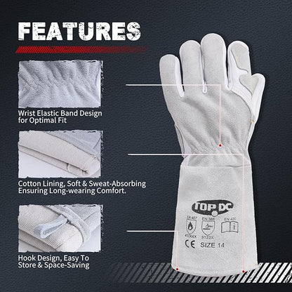 TOPDC Premium Goatskin Leather Welding Gloves, Split Cowhide Back, TIG Welding Gloves with Reinforced Palm Thumb Index Finger (Grey-White, 14 Inch Large)