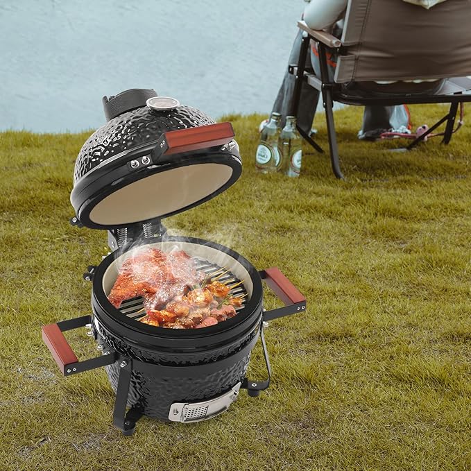 13 inch Ceramic BBQ Charcoal Grill, Portable Ceramic Grill Smoker with Stand & Vent Cap for Outdoor Patio Backyard Barbecue Cooking