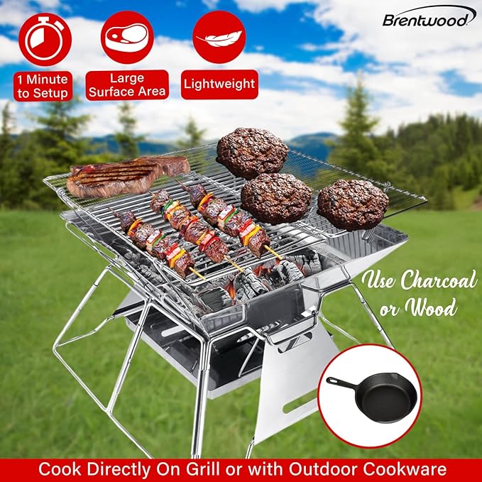 Brentwood BB-4X14SS 14" x 14" Stainless Steel Portable Folding Charcoal BBQ Grill and Outdoor Fire Pit with Carry Bag