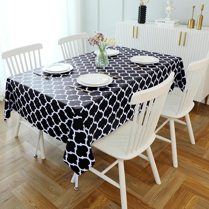 Romanstile Rectangle Plastic Tablecloth, 100% Waterproof Oil-Proof Checkered PVC Table Cloth, Heavy Duty Vinyl Table Cover for Dining, Camping, Picnic, Outdoor - 54 x 120 Inch, Moroco Black