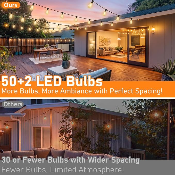 100FT Solar String Lights Outdoor Waterproof with 52 LED Edison Bulbs | Patio Lights with Remote, Timer, Solar Powered Outside Dimmable ST38 Hanging Lights for Porch Backyard Garden Camping Party