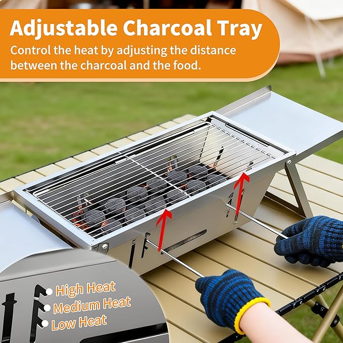 Small Portable Charcoal BBQ Grill, Made of Stainless Steel,Foldable and 2-Second Setup, Includes Fireproof Mat and Gloves, Mini Barbecue Hibachi Grill for 3-4 People Camping,Hiking and Picnic