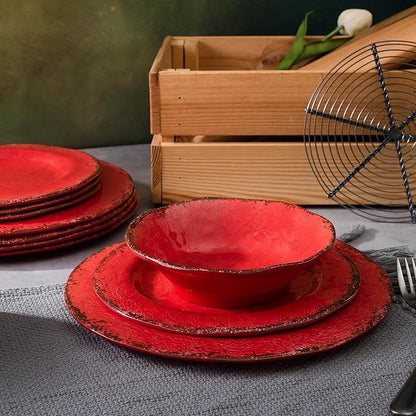 LEHAHA Farmhouse Plates and bowls set, 12 Piece Christmas Melamine Dinnerware Sets for 4,Lightweight and Unbreakable Dishes Set,Perfect for Indoor and Outdoor and Picnic use. Red