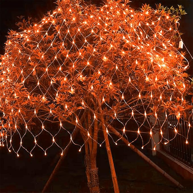 LJLNION Halloween Net Lights, 360 LED 12ft x 5ft Connectable Mesh Fairy String Lights,8 Modes Low Voltage Safe Adaptor for Xmas Trees, Bushes, Wedding, Outdoor Garden Decorations, Orange