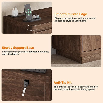 knoworld 63" Buffet Cabinet with Storage & Power Outlet, Wood Sideboard Credenza with Double-Arc Doors, Modern Coffee Bar Console Table for Kitchen Dining Room, Walnut