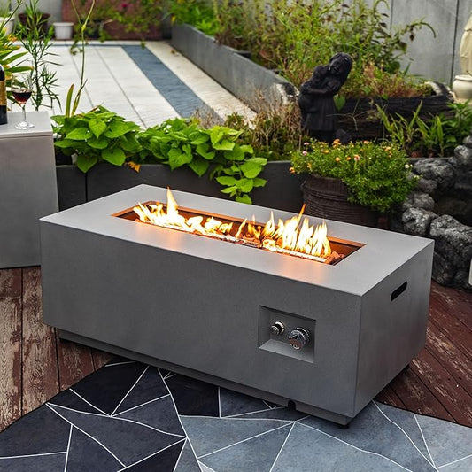 KEIKI 42 Inch Outdoor Gas Fire Pit Table with Glass Wind Guard, Rectangular Propane Fireplace, Steel Patio Heater for Backyard Deck