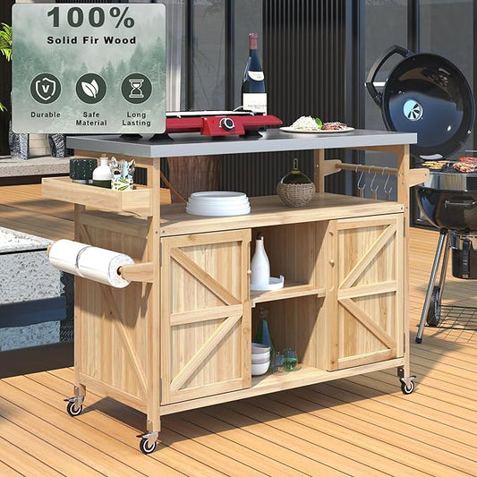 Outdoor Kitchen Island with Stainless Steel Top, Rolling Grill Cart with Storage Cabinet, Farmhouse Solid Wood Prep Station with Spice & Towel Rack for Patio BBQ.Suitable for backyards, etc.