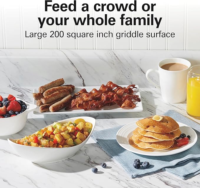 Hamilton Beach 200 Sq. In. Electric Griddle With Adjustable Temperature for 200 to 400 degrees, PTFE & PFOA Free Durathon Ceramic Reversible Nonstick Surface, Black (38522)