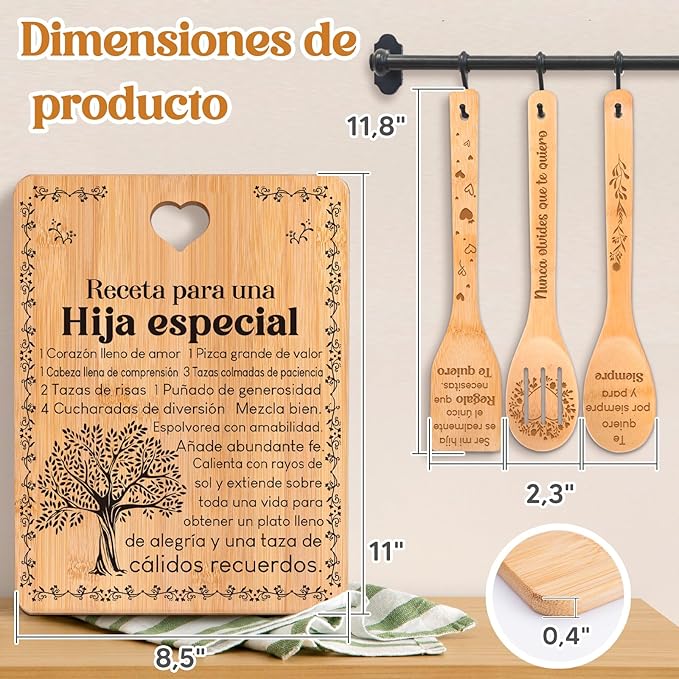 Regalos de cumpleaños para Hija - "Receta para una Hija especial". Juego de tablas de cortar y utensilios de bambú grabados. Regalos de cumpleaños para Hija. Spanish Daughter Cutting Board