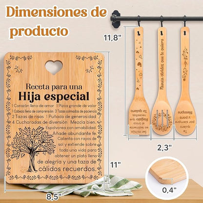 Regalos de cumpleaños para Hija - "Receta para una Hija especial". Juego de tablas de cortar y utensilios de bambú grabados. Regalos de cumpleaños para Hija. Spanish Daughter Cutting Board