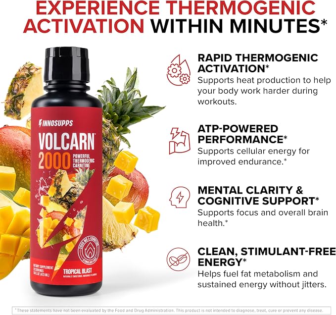 Volcarn 2000 L-Carnitine Liquid Energy, Tropical Blast, 32 Servings | Energy booster and ATP supplement with GBEEC; Enhances focus; Caffeine-free, no artificial sweeteners
