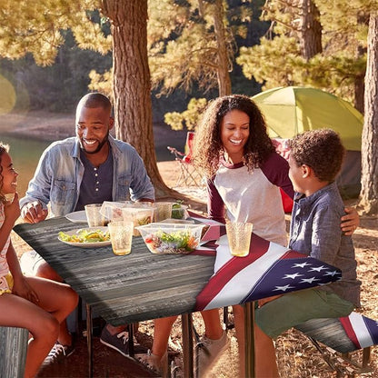 4th of July Picnic Fitted Tablecloth with Benches Covers, American flag on wood background Fitted Tablecloth Cover Oil Proof Elastic Edge for Outdoor, Garden, Camping, 72x28 In, 3 Pieces Set, Brown