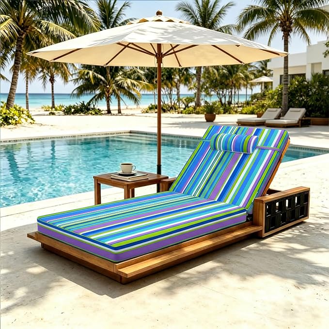 Chaise Lounge Cushion for Outdoor Furniture, Waterproof, Fade-Resistant and Tear Resistant, Patio Lounger Pads with Removable Cover for Pool, Deck, Lawn, 72x21x4 Inch, Blue & Green Stripe