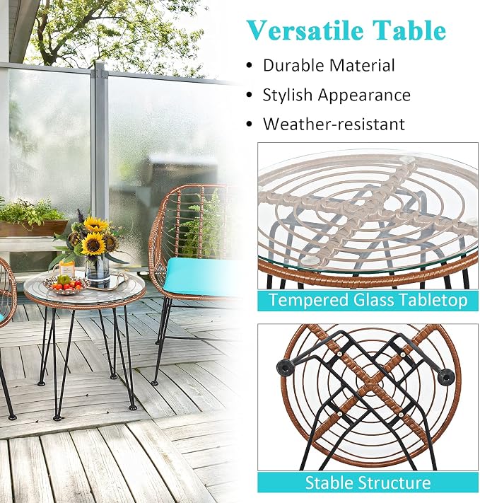 Tangkula 3 Pieces Patio Conversation Bistro Set, Outdoor Wicker Furniture w/Round Tempered Glass Top Table & 2 Rattan Armchairs, Bistro Chat Set w/Seat Cushions for Porch, Backyard, Garden