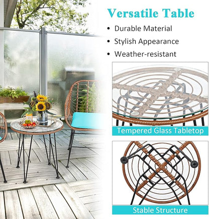 Tangkula 3 Pieces Patio Conversation Bistro Set, Outdoor Wicker Furniture w/Round Tempered Glass Top Table & 2 Rattan Armchairs, Bistro Chat Set w/Seat Cushions for Porch, Backyard, Garden