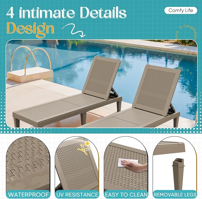 Greesum Lounge Chairs Set of 2 All Weather Outdoor Angle Adjustable Chaise for Beaches,Gardens,Decks and Pools,Light Coffee