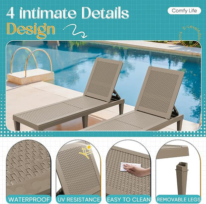 Greesum Lounge Chairs Set of 2 All Weather Outdoor Angle Adjustable Chaise for Beaches,Gardens,Decks and Pools,Light Coffee