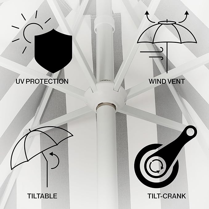 JONATHAN Y UMB1001 Collins 9 ft. Classic Cottage Tassel Market Patio Umbrella with Auto-Tilt, Crank, Wind Vent and UV Protection