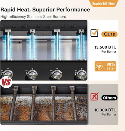 Sophia & William 4-Burner Gas Grill Griddle Combo with Stove, 482 SQ.IN.Cooking Area, 52,000 BTU Propane Barbeque Grills Outdoor Cooking with Two Shelves for Outside BBQ Patio Barbecue, Black