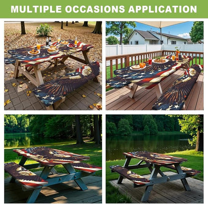 ANNA QUEEN Patriotic American Eagle 6FT Picnic Table Cover with Bench Covers Set of 3 with Drawstring Bag, USA Flag Eagle 72"x30" Waterproof Picnic Tablecloth & Bench Covers for Outdoor BBQ