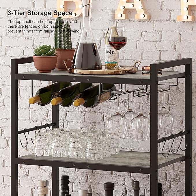 TUTOTAK Bar Cart with Wheels, Drink Cart with Wine Rack and Glass Holder | 3-Tier 23.7 Inch Wide Home Bar Serving Carts, Small Mobile Kitchen Shelf with 6 Hooks, Greige BC01BG030