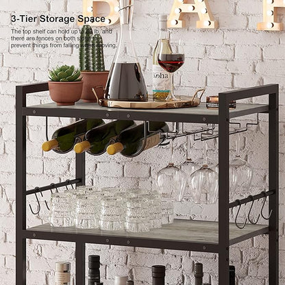 TUTOTAK Bar Cart with Wheels, Drink Cart with Wine Rack and Glass Holder | 3-Tier 23.7 Inch Wide Home Bar Serving Carts, Small Mobile Kitchen Shelf with 6 Hooks, Greige BC01BG030
