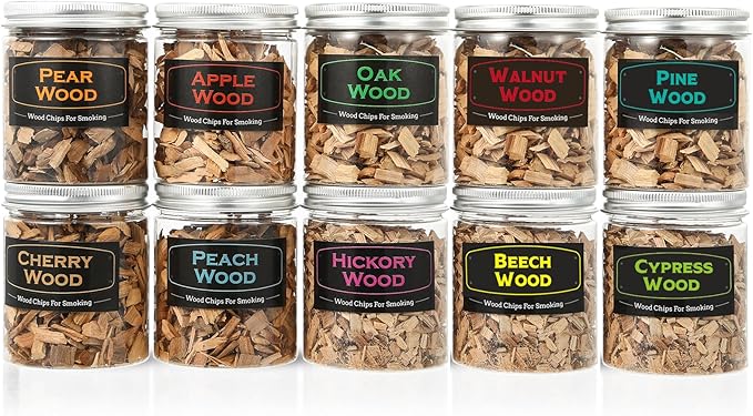10Pack Natural Wood Chips for Smoker Grill and Smoking Gun, Oak, Pecan, Apple, Pear, Cherry, Beech, Walnut, Peach, Pine and Cypress about 80g Each, Smoker Woodchips for BBQ Smoking Beef Pork Whisk
