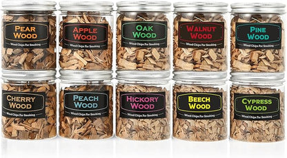 10Pack Natural Wood Chips for Smoker Grill and Smoking Gun, Oak, Pecan, Apple, Pear, Cherry, Beech, Walnut, Peach, Pine and Cypress about 80g Each, Smoker Woodchips for BBQ Smoking Beef Pork Whisk