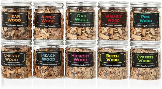 10Pack Natural Wood Chips for Smoker Grill and Smoking Gun, Oak, Pecan, Apple, Pear, Cherry, Beech, Walnut, Peach, Pine and Cypress about 80g Each, Smoker Woodchips for BBQ Smoking Beef Pork Whisk
