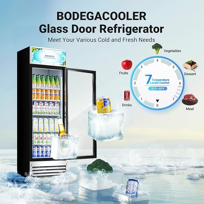 BODEGACOOLER Commercial Merchandiser Refrigerator, 12.5 Cu.Ft Glass Door Display Cooler, Upright Beverage Refrigerator with Soft LED Light, Adjustable Shelves, 4 Heavy-Duty Stainless Steel Casters
