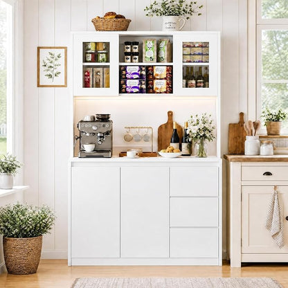 71" Kitchen Pantry Cabinet,Tall Storage Cabinet with Charging Station | Kitchen Storage Hutch with Microwave Shelf,Coffee Bar,Led Lights & Shelves Adjustable,Corner Pantry Cabinet for Living Room