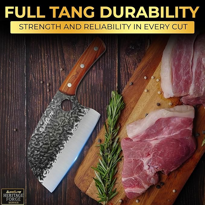 SliceElite Heritage Forge 3 Piece Butcher Knife Set Serbian Chef Meat Cleaver Viking Knife High Carbon Stainless Steel Full Tang Sandalwood Handle BBQ Grilling Camping Cooking Gift Set For Men & Women