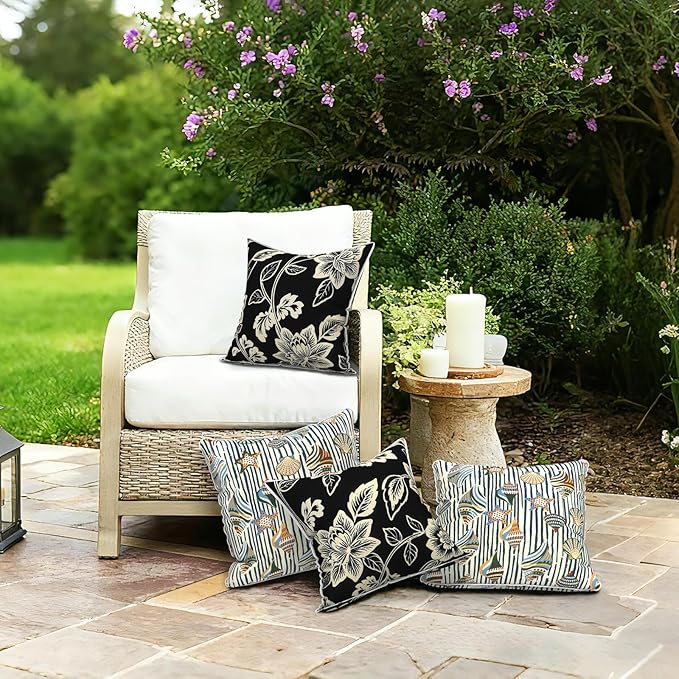 LVTXIII Outdoor Throw Pillow Covers Set of 2, Patio Waterproof Pillow Cases Fade Resistant Accent Pillow Covers for Home and Garden Furniture Decoration, 18"x18", Elegant Vines Black