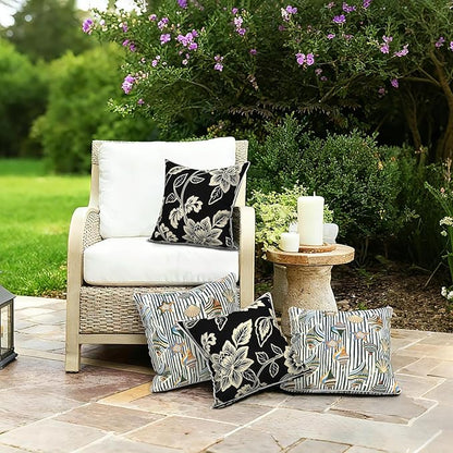 LVTXIII Outdoor Throw Pillows 18x18 Patio Waterproof Square Pillows with Piping Fade Resistant Accent Pillow for Spring Summer Garden Decoration, Set of 2, Elegant Vines Black