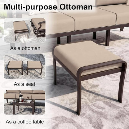 ALAULM Aluminum Patio Furniture Set with Coffee Table Rectangular, 9-seat Outdoor Sectional Furniture w/Swivel Chairs and 2 Ottomans, Patio Conversation Set for Porch, Backyard, Poolside-Sand